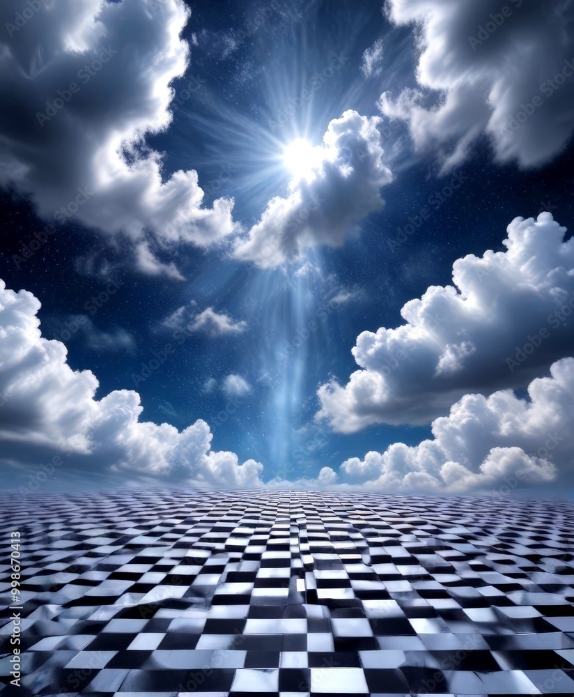 A surreal landscape with a checkerboard pattern of black and white squares, set against a backdrop starry night sky and a bright sun peeking through the clouds A surreal landscape with a checkerboard pattern of black and white squares, set against a backdrop starry night sky and a bright sun peeking through the clouds