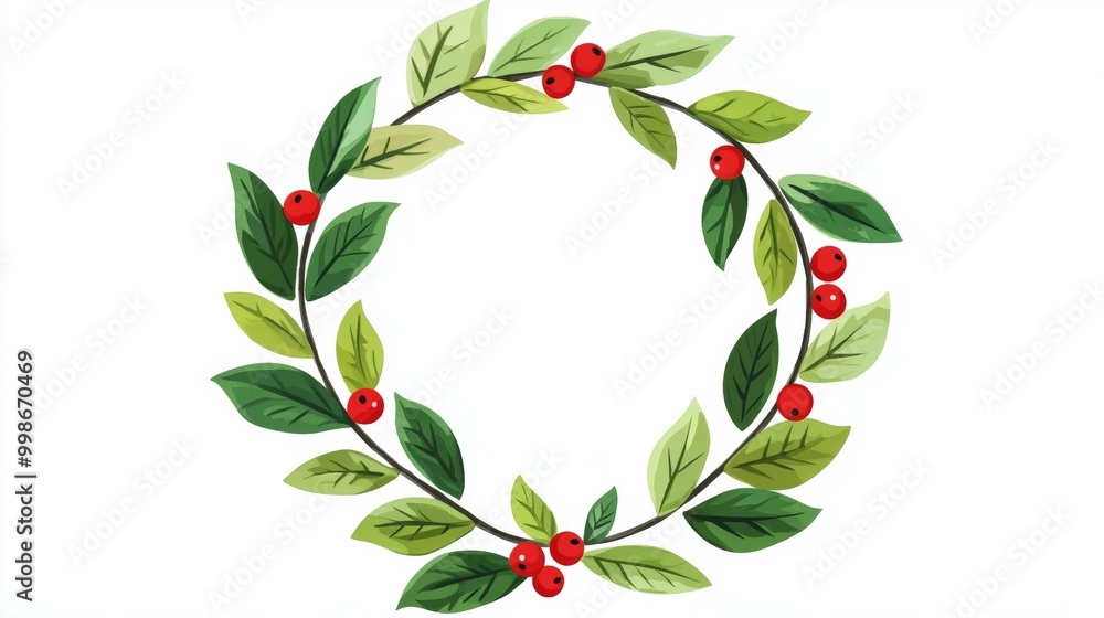 Beautiful round frame of green leaves and red berries on a white background, perfect for festive designs. Ideal for greeting cards, invitations, and holiday projects. Ready for your unique touch Beautiful round frame of green leaves and red berries on a white background, perfect for festive designs. Ideal for greeting cards, invitations, and holiday projects. Ready for your unique touch