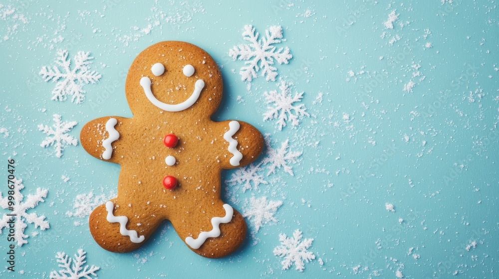 Smiling gingerbread man is lying on a blue background covered with snowflakes. Perfect image for christmas and winter holidays Smiling gingerbread man is lying on a blue background covered with snowflakes. Perfect image for christmas and winter holidays