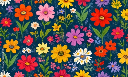 A vibrant floral pattern featuring a variety of colorful flowers, including daisies, sunflowers, and other blooms, against a dark blue background