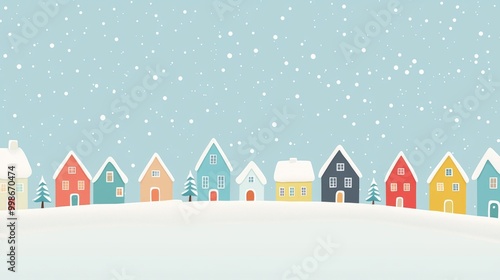 Snow is falling on colorful houses and pine trees in a neighborhood during christmas season. This festive scene is perfect for winter and holiday projects