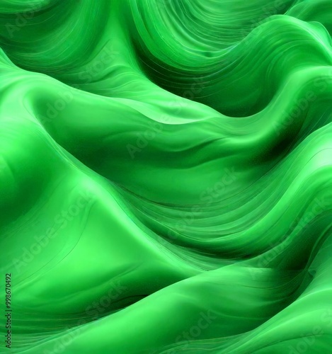 a close-up view green, flowing fabric with a wave-like pattern, creating a sense of movement and organic texture