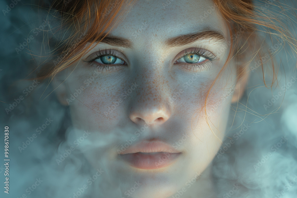 Captivating Portrait of Woman with Red Hair and Freckles Through Mist Captivating Portrait of Woman with Red Hair and Freckles Through Mist