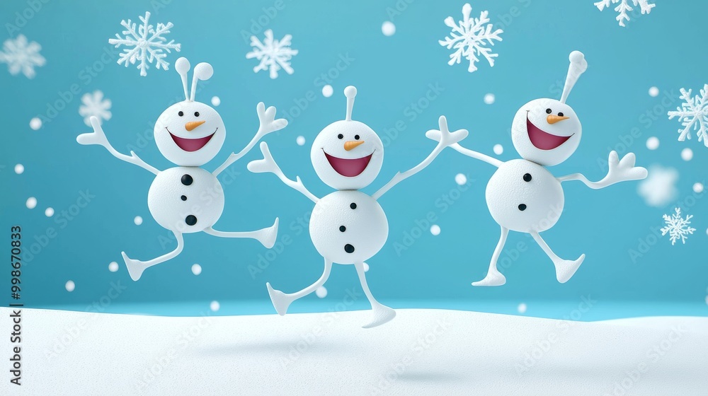 Three cheerful snowmen are joyfully leaping in the air as snowflakes fall around them, creating a festive and whimsical winter scene Three cheerful snowmen are joyfully leaping in the air as snowflakes fall around them, creating a festive and whimsical winter scene