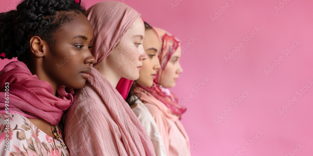 Four women wearing pink scarves and headscarves are standing in a row. Generative AI Four women wearing pink scarves and headscarves are standing in a row. Generative AI