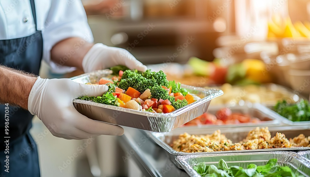 Chef serving a fresh vegetable salad in a kitchen with various dishes. Chef serving a fresh vegetable salad in a kitchen with various dishes.