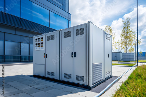 modern energy storage unit outside commercial building, showcasing innovation