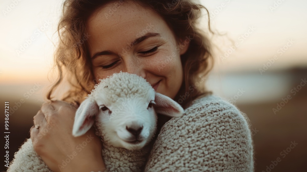 A woman with curly hair holds a lamb in her arms, wearing a knitted sweater, standing outdoors at sunset, exuding warmth and serenity. The lamb's face is gently cradled. A woman with curly hair holds a lamb in her arms, wearing a knitted sweater, standing outdoors at sunset, exuding warmth and serenity. The lamb's face is gently cradled.