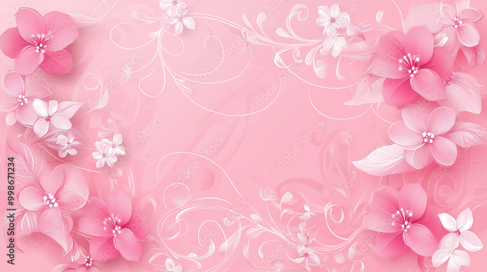 Pink floral background with swirls and pink flowers on a white background. Pink floral background with swirls and pink flowers on a white background.