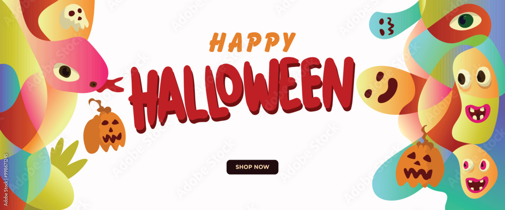 Fototapeta premium Monster Party: Halloween Special concept. abstract geometric liquid form. monster halloween with hand drawn banner template vector illustration.