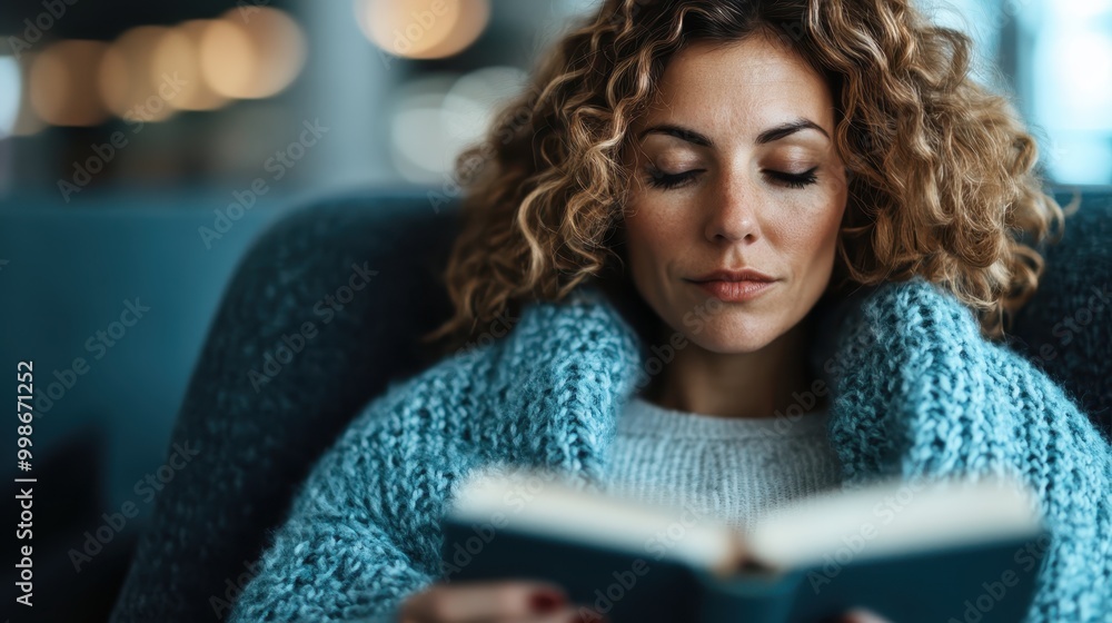 Dressed in a blue knit, a woman reads intently, capturing a moment of focused contemplation in a modern indoor setting. Dressed in a blue knit, a woman reads intently, capturing a moment of focused contemplation in a modern indoor setting.