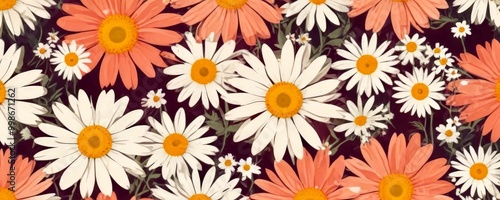 A seamless pattern of white and pink daisies with yellow centers, set against a dark purple background