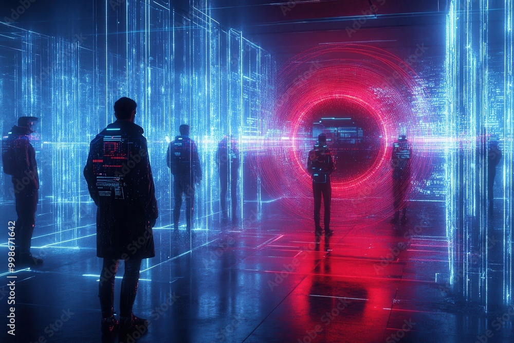 people standing in a futuristic neon-lit cityscape surrounded by digital holographic displays people standing in a futuristic neon-lit cityscape surrounded by digital holographic displays