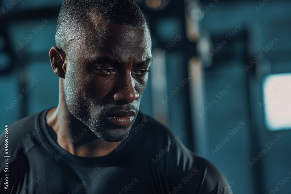 Focused Athlete in Gym During Intense Workout Session Against Moody Background Focused Athlete in Gym During Intense Workout Session Against Moody Background