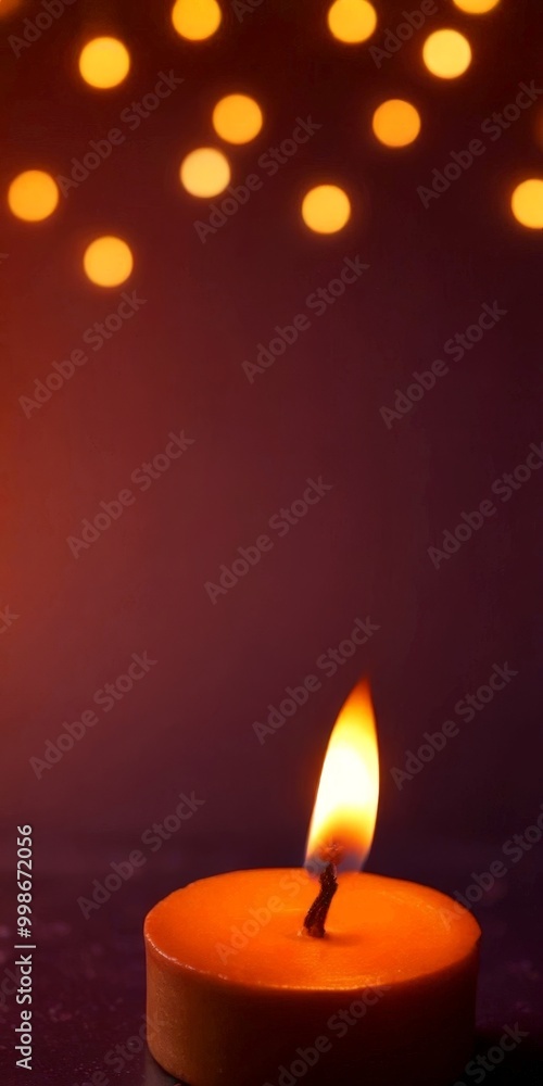 A single orange candle with a flickering flame is the focal point, set against a dark background with scattered orange lights A single orange candle with a flickering flame is the focal point, set against a dark background with scattered orange lights