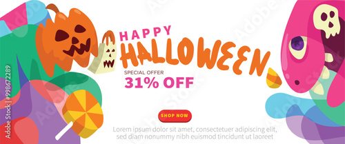 Cute Monsters, Scary Halloween Fun concept. abstract geometric liquid form. monster halloween with hand drawn banner template vector illustration.