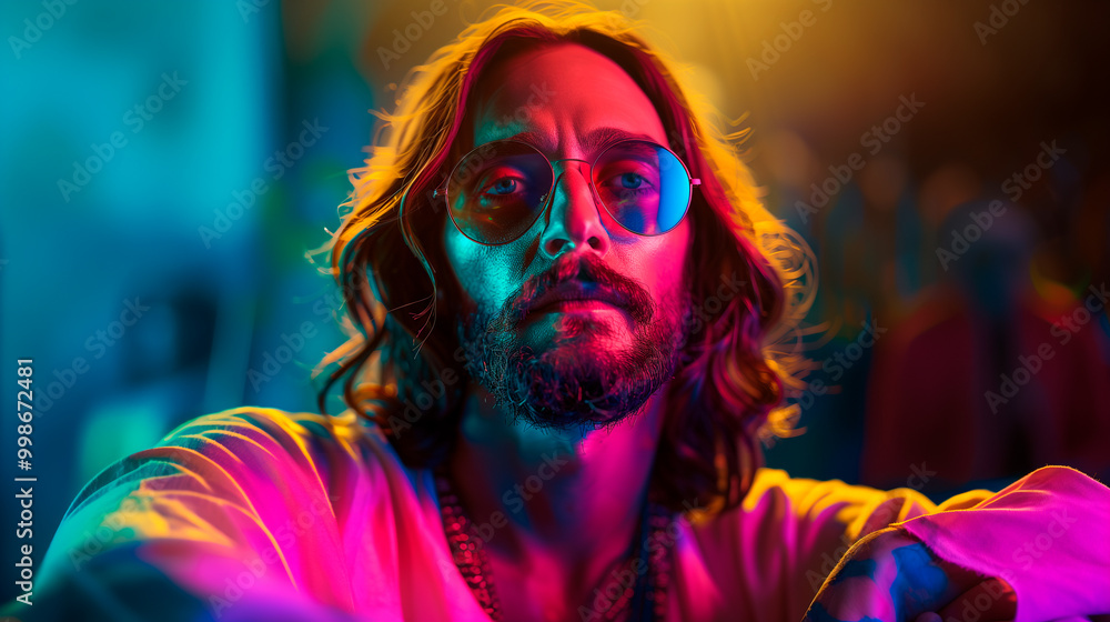 Jesus with sunglasses in front of a neon background Jesus with sunglasses in front of a neon background