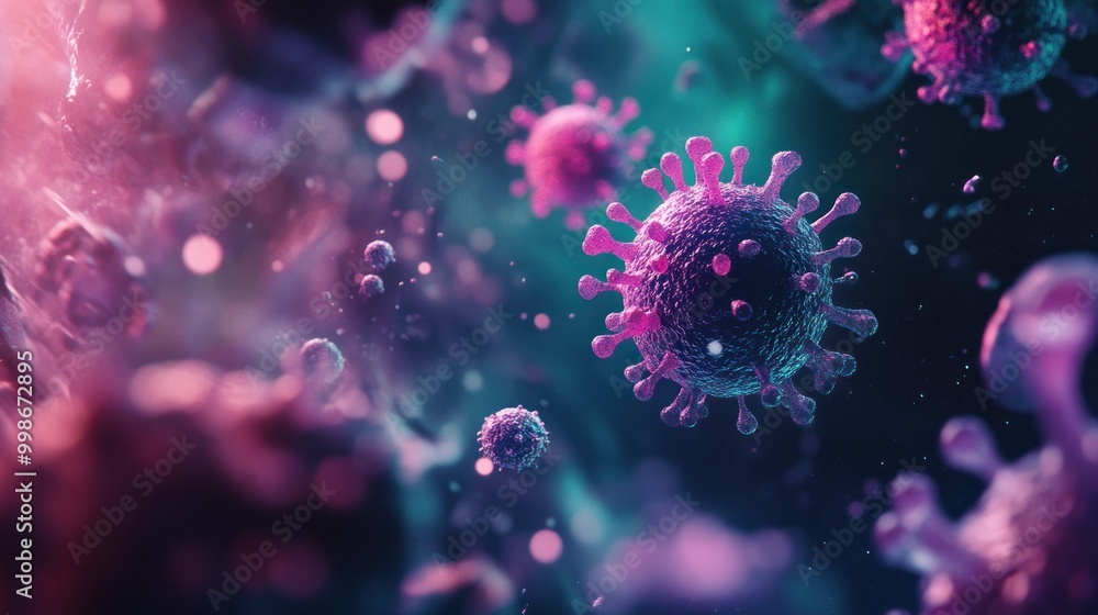 A close-up of a virus with a blurry background of other viruses and particles. A close-up of a virus with a blurry background of other viruses and particles.