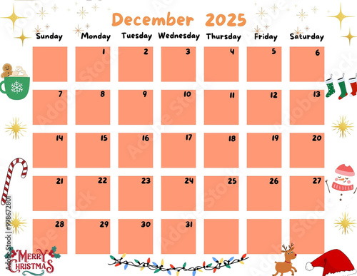 Calendar of December  2025 for Kid and childern so cute Orange Color photo