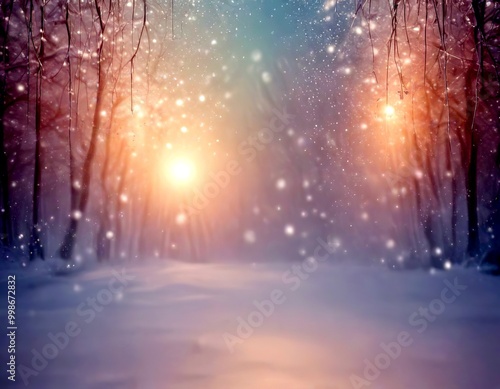 A serene winter scene unfolds in a snowy forest, with snowflakes gently falling and a warm glow from the sun peeking through the trees photo