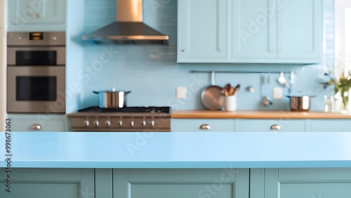 Blue Kitchen Countertop Mockup with Blurred Background