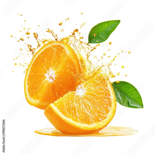 Fresh orange slices with splash and leaves