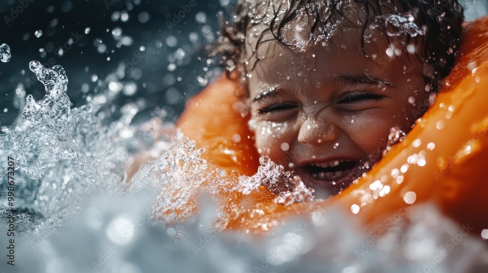 A child playfully splashing in water, wearing bright orange arm floats for safety. The exuberant movement and water splashes highlight a joyful moment in aquatic fun. A child playfully splashing in water, wearing bright orange arm floats for safety. The exuberant movement and water splashes highlight a joyful moment in aquatic fun.
