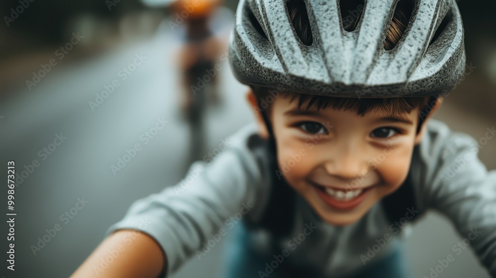 Close-up shot of a child wearing a bicycle helmet during a ride, focused on the road ahead. The background shows another cyclist in soft focus, indicating a shared activity. Close-up shot of a child wearing a bicycle helmet during a ride, focused on the road ahead. The background shows another cyclist in soft focus, indicating a shared activity.