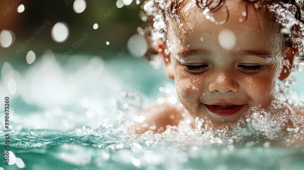 An excited child is captured splashing water while swimming with enthusiasm outdoors, creating a vibrant scene filled with drops of water reflecting sunlight, epitomizing joyful, carefree moments. An excited child is captured splashing water while swimming with enthusiasm outdoors, creating a vibrant scene filled with drops of water reflecting sunlight, epitomizing joyful, carefree moments.