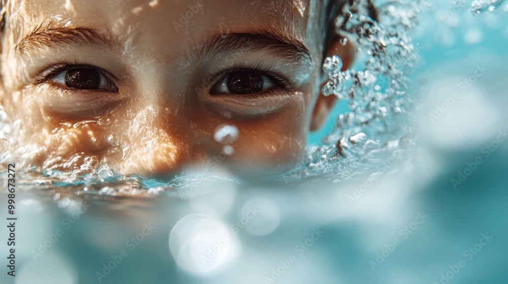 Water splashes are dramatically captured as a child swims quickly, creating a visual spectacle of droplets frozen in mid-air and adding a sense of motion and excitement to the scene. Water splashes are dramatically captured as a child swims quickly, creating a visual spectacle of droplets frozen in mid-air and adding a sense of motion and excitement to the scene.