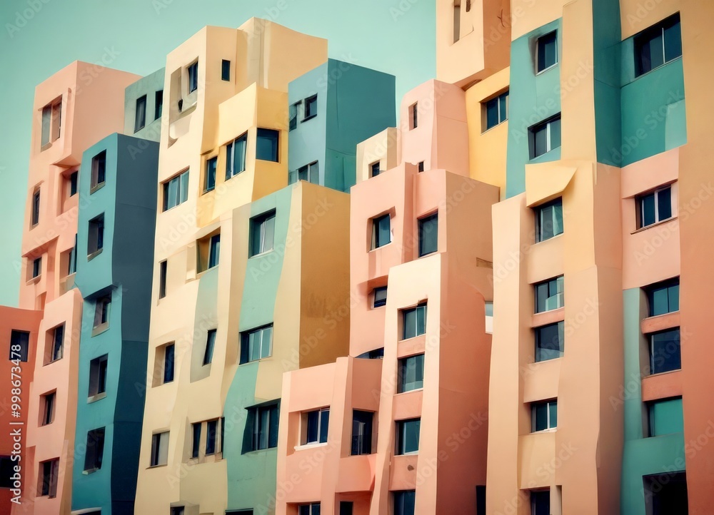 A collection of modern, multi-story buildings with a unique, geometric design in pastel colors, set against a clear blue sky A collection of modern, multi-story buildings with a unique, geometric design in pastel colors, set against a clear blue sky
