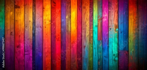 A vibrant wooden wall with vertical planks in a rainbow of colors, creating a visually striking and textured background photo