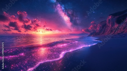 A serene alien beach with colorful sands and bioluminescent waves under a starry sky