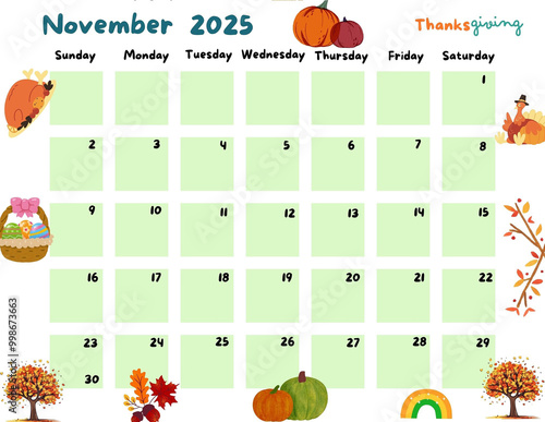 Calendar of November  2025 for Kid and childern so cute Green Color