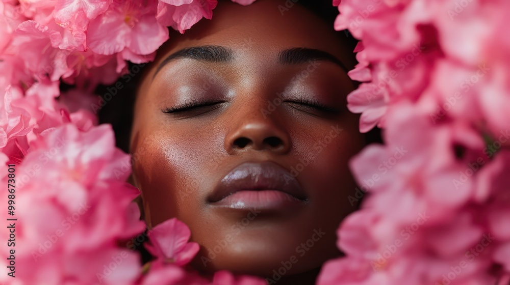 A woman's face radiates tranquility amidst vibrant pink petals, eyes closed, projecting beauty and serenity, capturing a moment of peaceful introspection. A woman's face radiates tranquility amidst vibrant pink petals, eyes closed, projecting beauty and serenity, capturing a moment of peaceful introspection.
