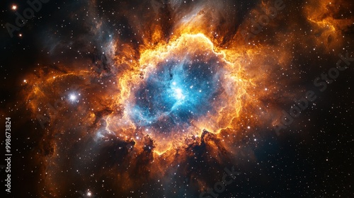 A vibrant nebula swirling with colors, illuminated by distant stars