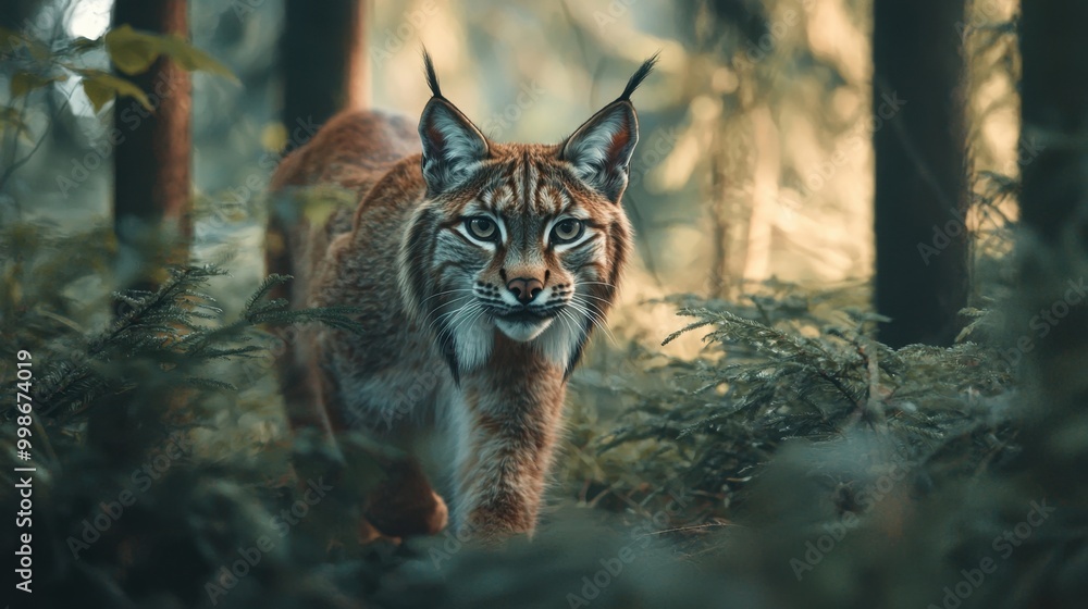 Fototapeta premium A wild lynx moving stealthily through a forest, its sharp eyes scanning for prey among the trees 