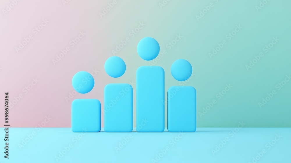Five blue 3D figures arranged in ascending order on a pastel pink and green background. Five blue 3D figures arranged in ascending order on a pastel pink and green background.