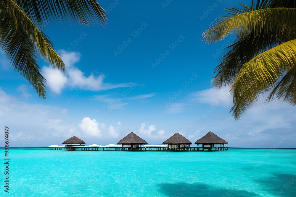 Obraz premium Tropical beach scene featuring palm trees and luxurious water villas under a clear blue sky