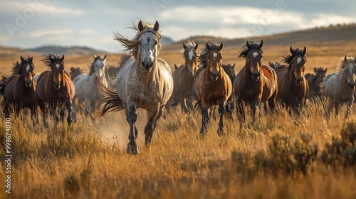 A wild stallion leading a herd of horses across a grassy plain, their manes flying in the wind as they run