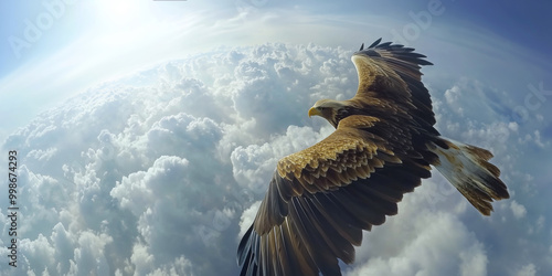 Majestic eagle flight in sunrise above clouds, spectacular aerial view, sky horizon, freedom perspective