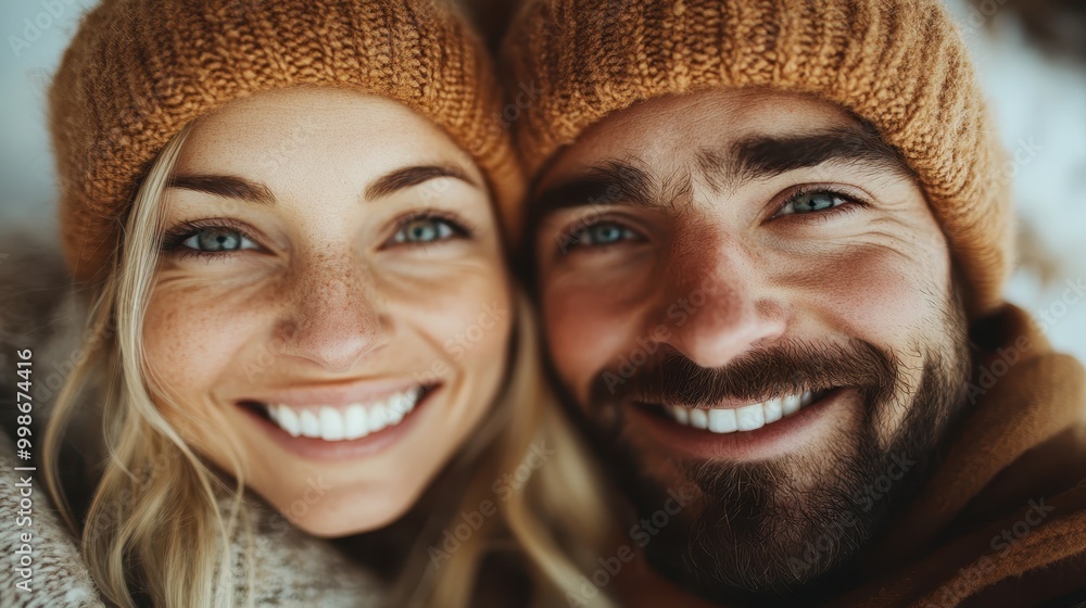 A joyful couple wearing knitted clothing and hats smile warmly in a snowy outdoor setting, conveying their happiness and the warmth of their relationship. A joyful couple wearing knitted clothing and hats smile warmly in a snowy outdoor setting, conveying their happiness and the warmth of their relationship.