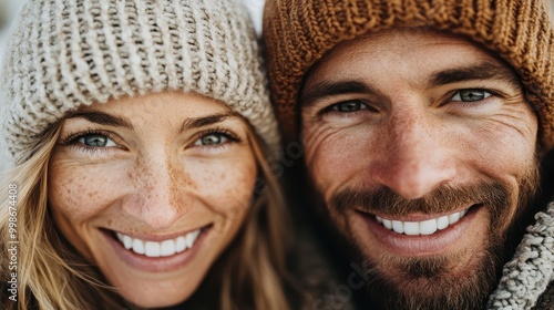 A joyful couple dressed in knitted garments and hats share a close moment outdoors in winter, capturing their happiness and the warmth of their relationship. photo