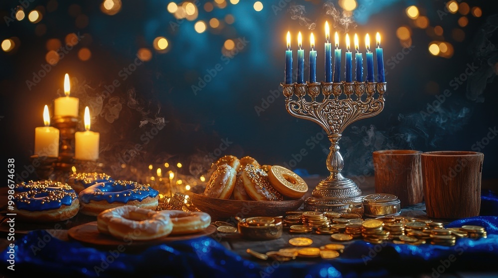 Festive Hanukkah Table with Menorah Festive Hanukkah Table with Menorah