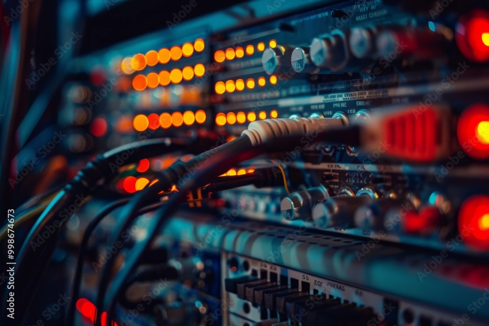 Audio mixing console in a recording studio showing multiple channels with lights indicating signal flow Audio mixing console in a recording studio showing multiple channels with lights indicating signal flow