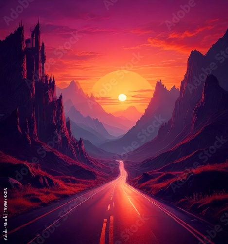 The sun sets behind the mountains, casting a warm glow over the winding road that leads to a castle on the left side of the photo