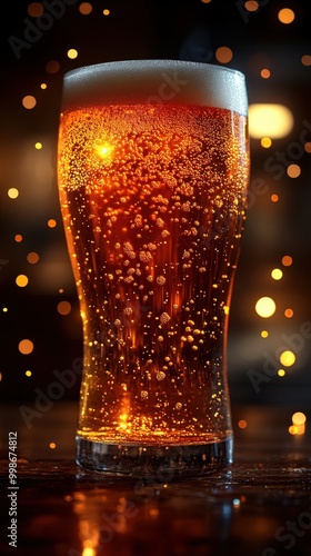 Glowing amber beer in a clear glass with soft bokeh for beverage advertisements photo