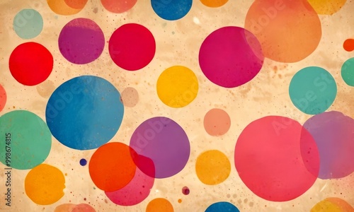 A vibrant abstract pattern of overlapping circles in various colors, including red, blue, yellow, and pink, against a beige background photo