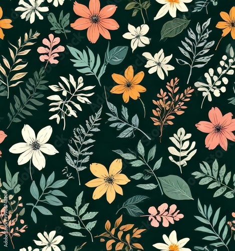 A repeating pattern of various flowers and leaves in different shades of green, pink, yellow, and white against a dark green background