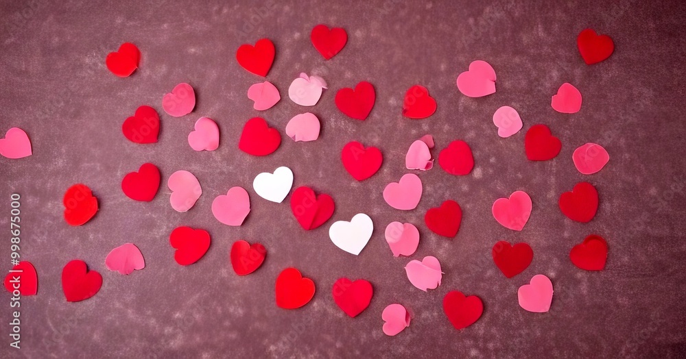 A collection of red and pink paper hearts scattered across a dark purple background A collection of red and pink paper hearts scattered across a dark purple background